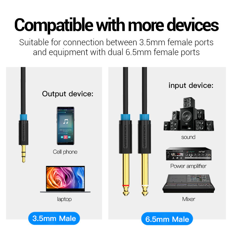 Vention Cable Audio Jack 3.5mm a 2 salidas 6.5mm, 2m, Negro