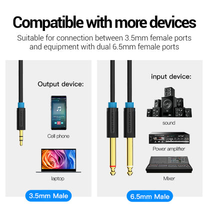 Vention Cable Audio Jack 3.5mm a 2 salidas 6.5mm, 2m, Negro