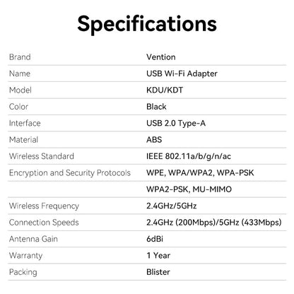 Adaptador USB inalámbrico de banda dual de alta ganancia AC650 de Vention