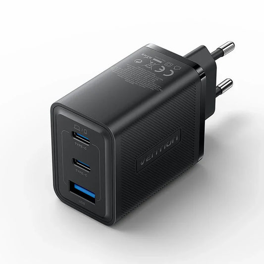 Cargador Vention GaN de 3 puertos USB (C + C + A) (65 W/65 W/30 W) con enchufe tipo A en color negro