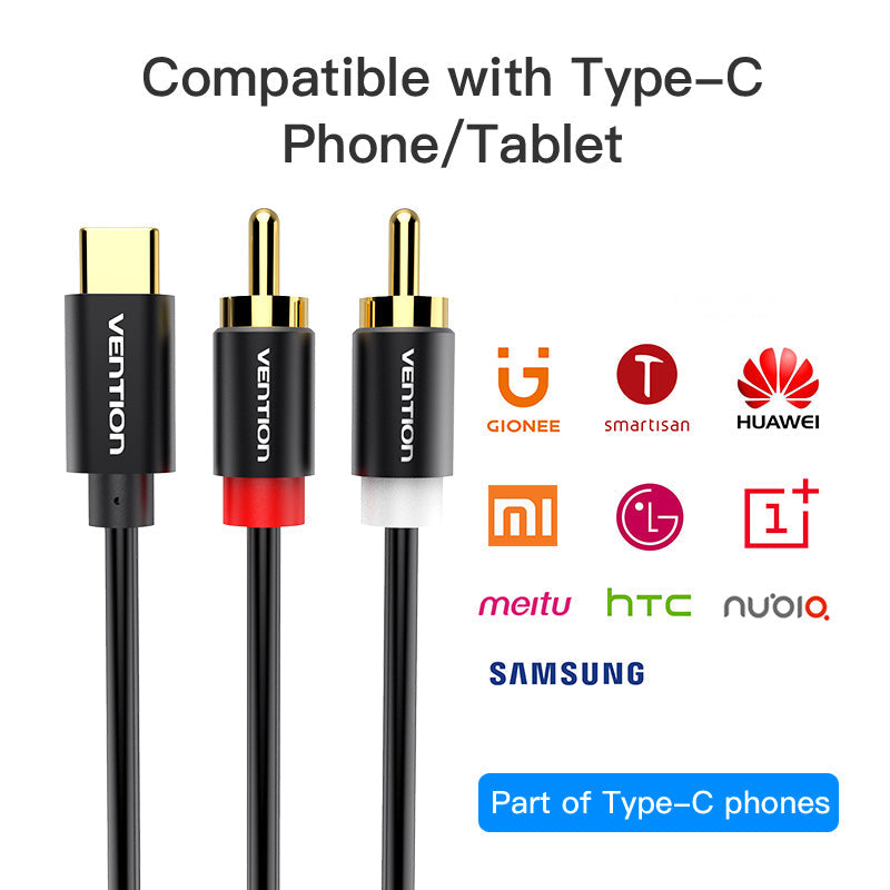 Cable de audio USB C a 2 RCA, cable Vention tipo C a RCA, cable 2RCA jack USB-C línea de audio, RCA a altavoz adaptador de cable para estéreo de coche, teléfono, tablet, cine en casa, amplificador, DVD, altavoz (3 m)