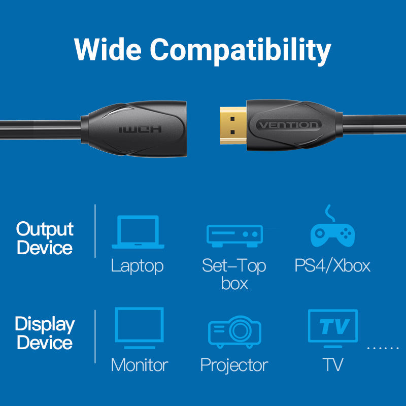 VENTION - Cable de extensión HDMI de alta velocidad 4K HDMI macho a hembra 4K a 30Hz retorno de audio compatible con Xbox One S 360, PS4, Apple TV, reproductor de Blu Ray, Wii U, etc. (10 pies)