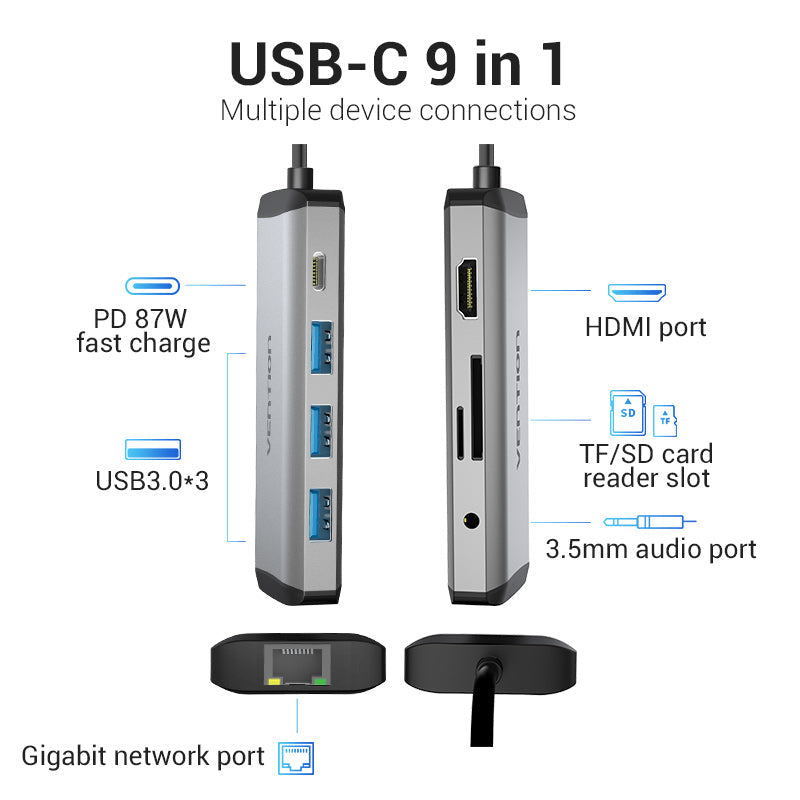 VENTION - Adaptador USB C 9 en 1 con HDMI 4K, puerto Ethernet RJ45 de 1000 Mbps, 3 puertos USB 3.0, ranuras para tarjetas TF/SD, 87 W PD, puerto de audio de 3.5 mm para MacBook y portátiles tipo C