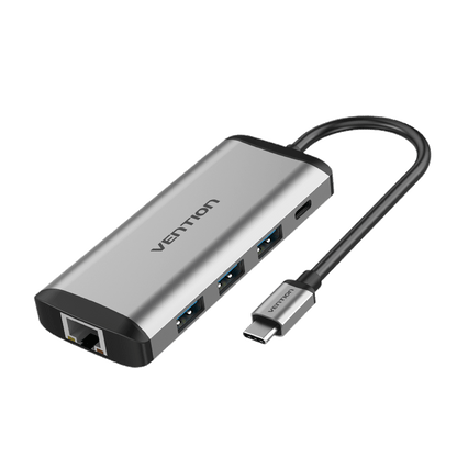 VENTION - Adaptador USB C 9 en 1 con HDMI 4K, puerto Ethernet RJ45 de 1000 Mbps, 3 puertos USB 3.0, ranuras para tarjetas TF/SD, 87 W PD, puerto de audio de 3.5 mm para MacBook y portátiles tipo C