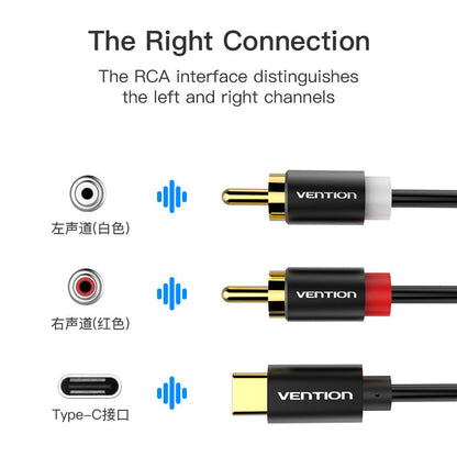 Cable de audio USB C a 2 RCA, cable Vention tipo C a RCA, cable 2RCA jack USB-C línea de audio, RCA a altavoz adaptador de cable para estéreo de coche, teléfono, tablet, cine en casa, amplificador, DVD, altavoz (3 m)