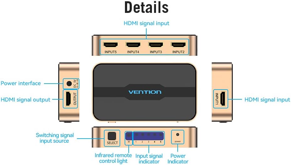 VENTION HDMI Switch 5 Entradas 1 Salidas 4K 1080P 3D, HDMI Conmutador 5 Entrada x 1 Salida Mando a Distancia para PS3 Xbox 360 Sky Box Reproductor DVD, HDTV, proyector, Video