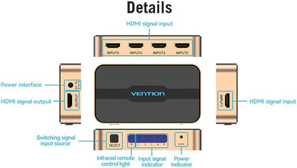 VENTION HDMI Switch 5 Entradas 1 Salidas 4K 1080P 3D, HDMI Conmutador 5 Entrada x 1 Salida Mando a Distancia para PS3 Xbox 360 Sky Box Reproductor DVD, HDTV, proyector, Video