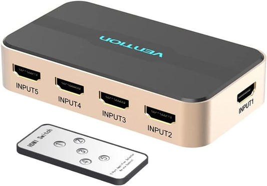 VENTION HDMI Switch 5 Entradas 1 Salidas 4K 1080P 3D, HDMI Conmutador 5 Entrada x 1 Salida Mando a Distancia para PS3 Xbox 360 Sky Box Reproductor DVD, HDTV, proyector, Video