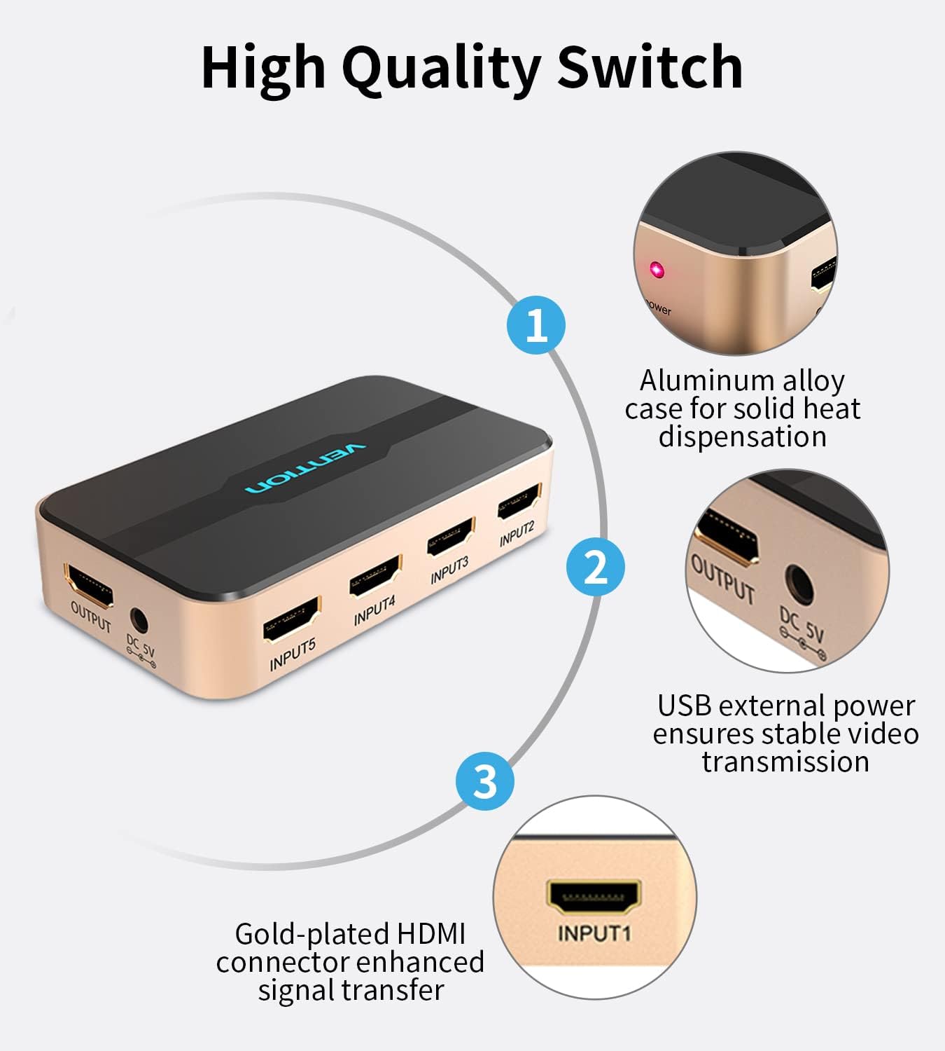 VENTION HDMI Switch 5 Entradas 1 Salidas 4K 1080P 3D, HDMI Conmutador 5 Entrada x 1 Salida Mando a Distancia para PS3 Xbox 360 Sky Box Reproductor DVD, HDTV, proyector, Video