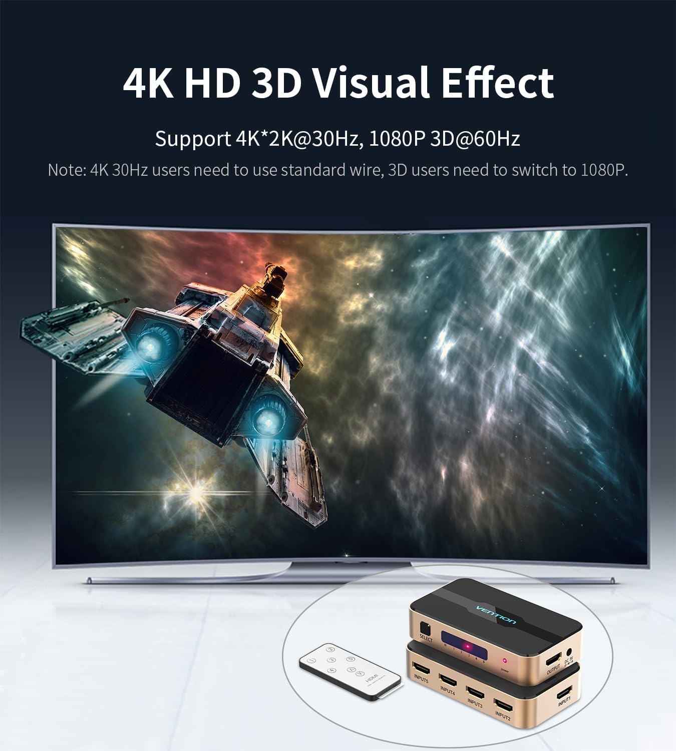 VENTION HDMI Switch 5 Entradas 1 Salidas 4K 1080P 3D, HDMI Conmutador 5 Entrada x 1 Salida Mando a Distancia para PS3 Xbox 360 Sky Box Reproductor DVD, HDTV, proyector, Video