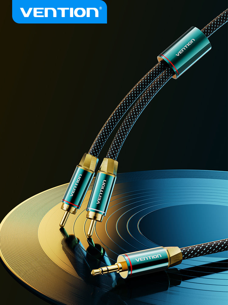 VENTION - Cable RCA a 3,5 mm 4N OFC HiFi 2 macho RCA a 3,5 mm macho Retro Aux Cable con cabeza de metal chapado en cobre y trenza de nailon, adaptador de audio estéreo doble blindado, cable Y para smartphone y portátil
