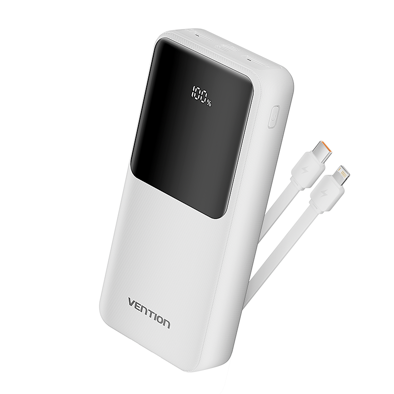 Vention Powerbank 20000MhA Micro-USB + USB-C+A+A Con Cable Integrado USB-C y Lightning 22.5W Pantalla Led- Blanco