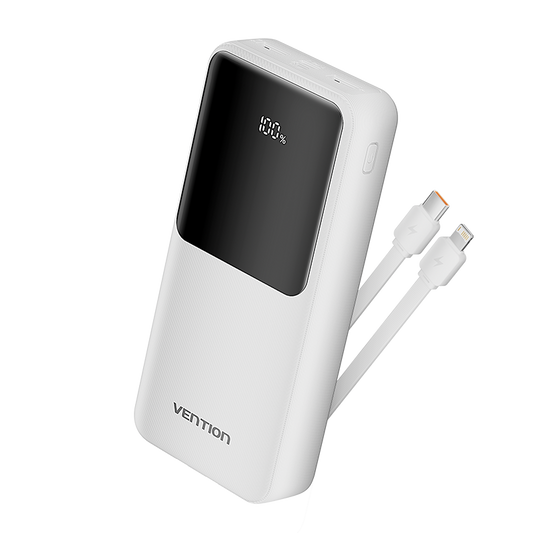 Vention Powerbank 20000MhA Micro-USB + USB-C+A+A Con Cable Integrado USB-C y Lightning 22.5W Pantalla Led- Blanco