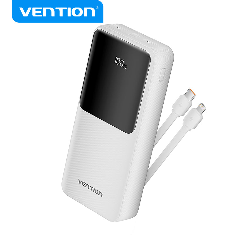 Vention Powerbank 20000MhA Micro-USB + USB-C+A+A Con Cable Integrado USB-C y Lightning 22.5W Pantalla Led- Blanco