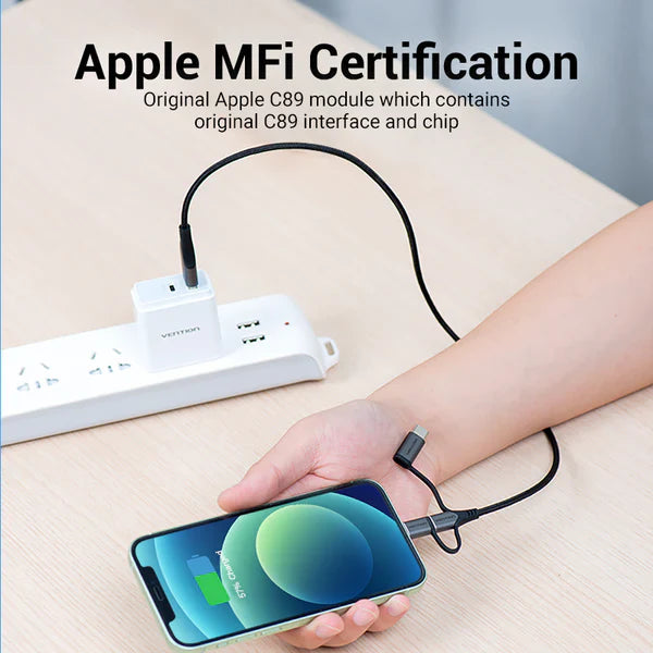 Vention Cable 3 en 1  USB-A Macho a Micro USB, USB C y Lightning  1.5m Negro