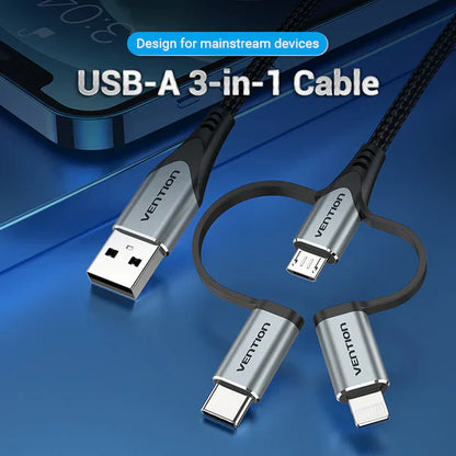 Vention Cable 3 en 1  USB-A Macho a Micro USB, USB C y Lightning  1.5m Negro
