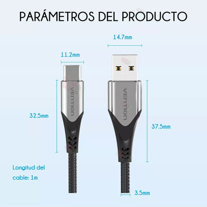 Vention Cable USB C Macho- USB C Macho Algodón Trenzado 1m