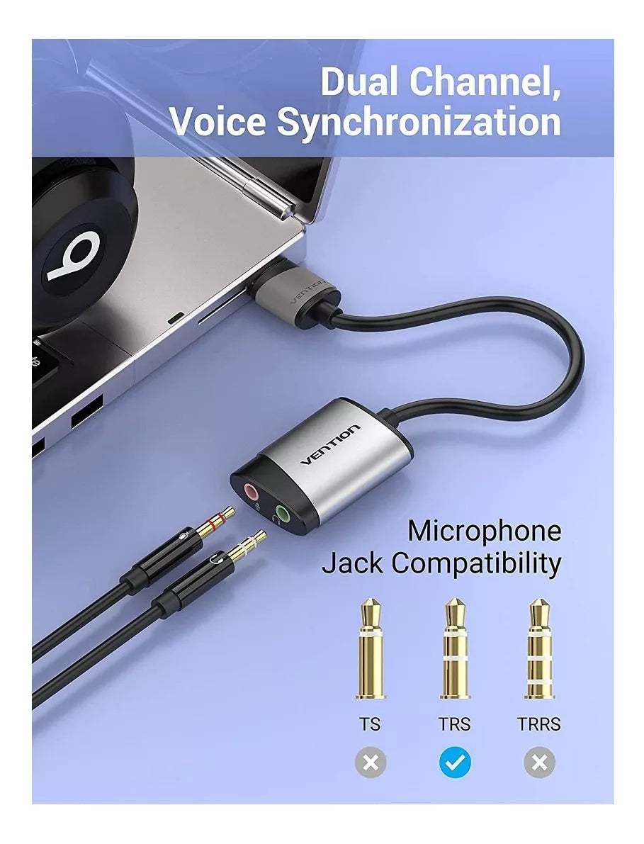 Adaptador Tarjeta Sonido Externa Dual Jack 3,5 A Usb Vention Color Space Gray