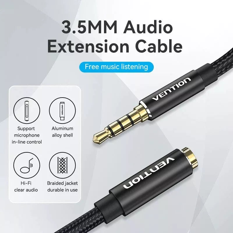 Vention Cable Audio Extensor Jack Aux 3.5mm Macho-Hembra, Trenzado, 2m