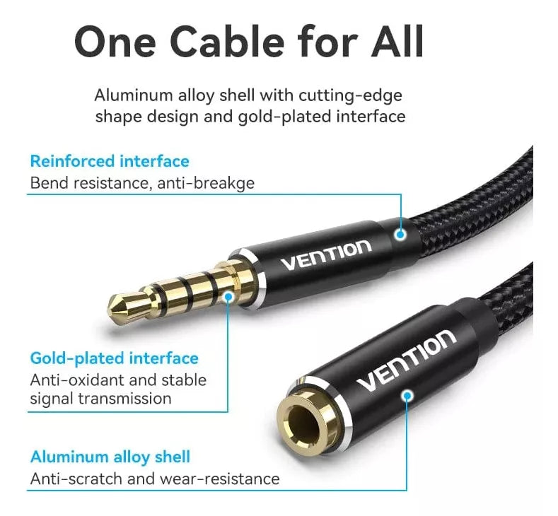 Vention Cable Audio Extensor Jack Aux 3.5mm Macho-Hembra, Trenzado, 2m