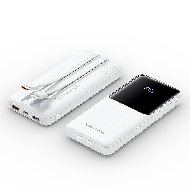 Vention Powerbank 10000MhA Micro-USB + USB-C+A+A Con Cable Integrado USB-C y Lightning 22.5W Pantalla Led- Blanco