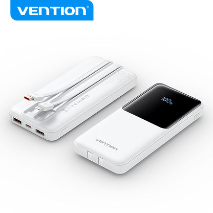 Vention Powerbank 10000MhA Micro-USB + USB-C+A+A Con Cable Integrado USB-C y Lightning 22.5W Pantalla Led- Blanco