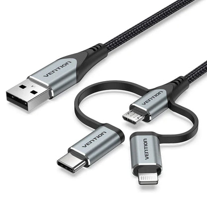 Vention Cable 3 en 1  USB-A Macho a Micro USB, USB C y Lightning  1.5m Negro
