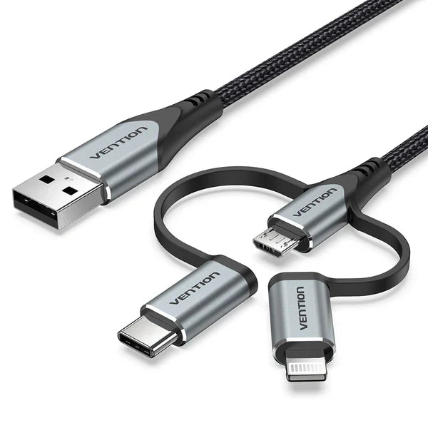 Vention Cable 3 en 1  USB-A Macho a Micro USB, USB C y Lightning  1.5m Negro
