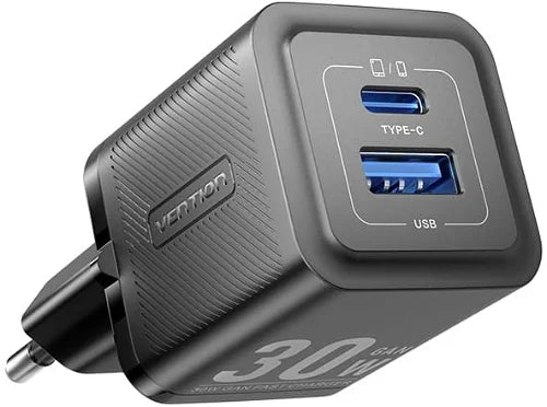 Cargador USB-C GaN de 2 puertos (30 W/30 W) con enchufe tipo A en color Negro