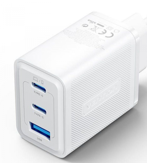 Cargador Vention GaN de 3 puertos USB (C + C + A) (65 W/65 W/30 W) con enchufe tipo A en color Blanco