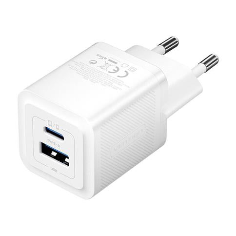 Cargador USB-C GaN de 2 puertos (30 W/30 W) con enchufe tipo A en color Blanco