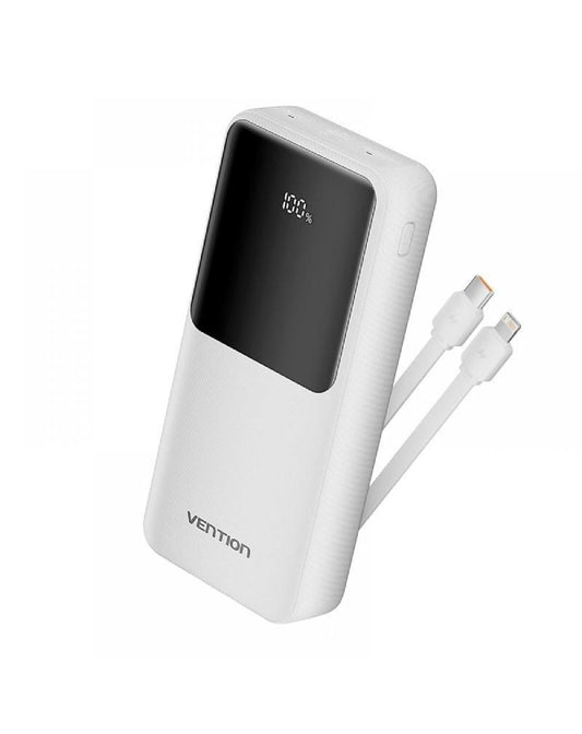 PowerBank 20000mAh Blanco, Carga Rapida, 4 Puertos USB A, Micro USB, USB C, Lightning, Pantalla LED, Ideal para Viajes