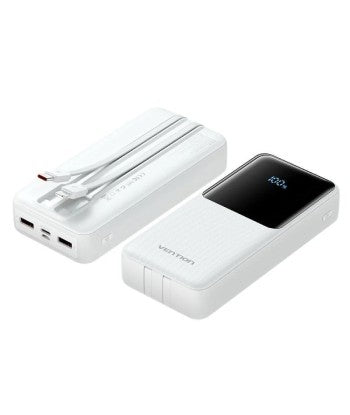 PowerBank 20000mAh Blanco, Carga Rapida, 4 Puertos USB A, Micro USB, USB C, Lightning, Pantalla LED, Ideal para Viajes